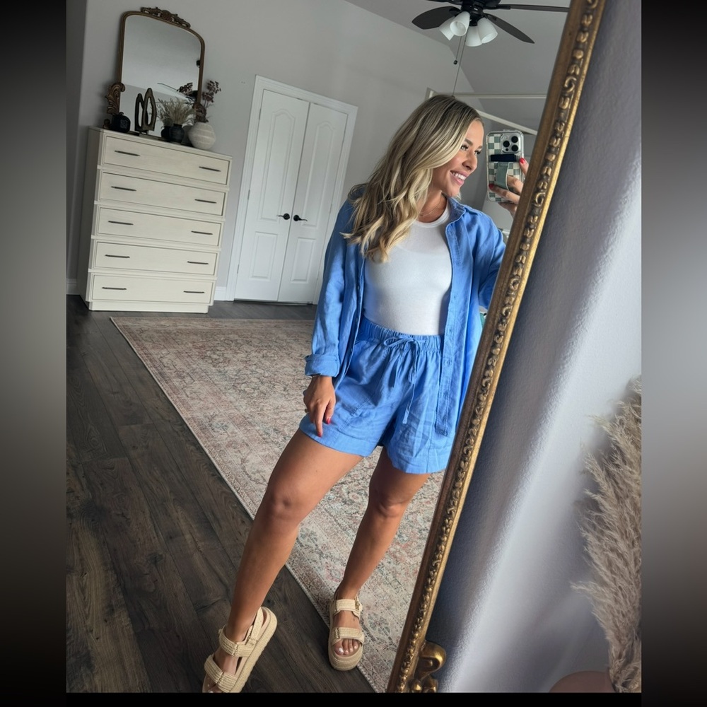 Blue Button-Up Shirt and Shorts Set